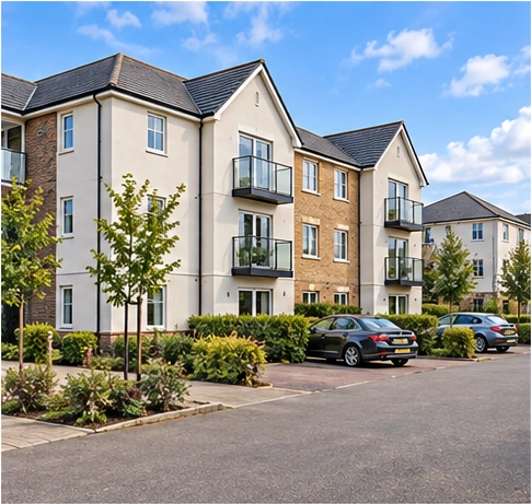 Contemporary development with crisp rendered facades